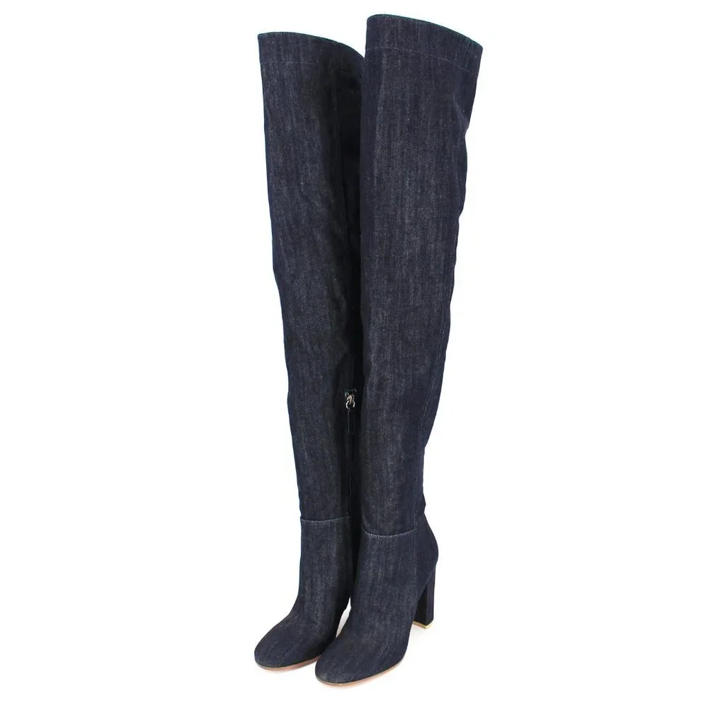 NEW Gianvito Rossi Dark Denim Heeled Over The Knee Thigh Boots Round Toe 36 US 6